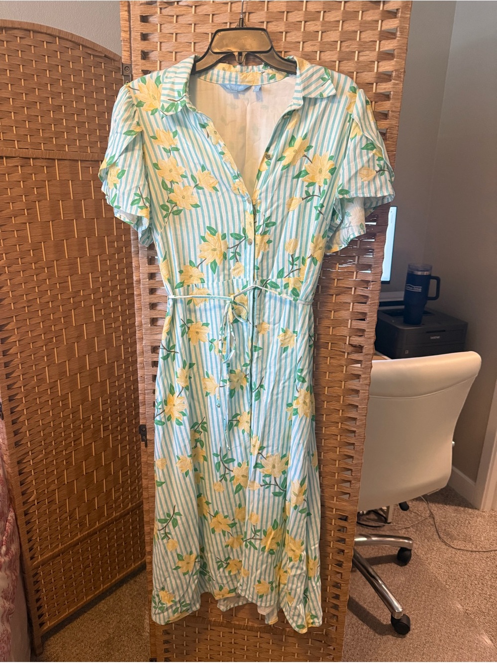 Draper James Blue-White Striped Top with Yellow Floral Trim